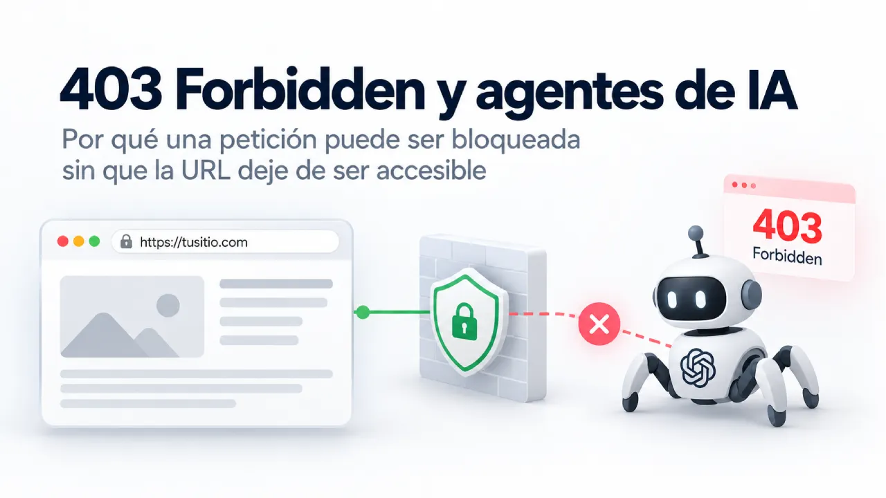 Imagen destacada sobre 403 Forbidden y agentes de IA con un crawler, robots.txt, CDN, WAF y bloqueo antibot antes de llegar al servidor