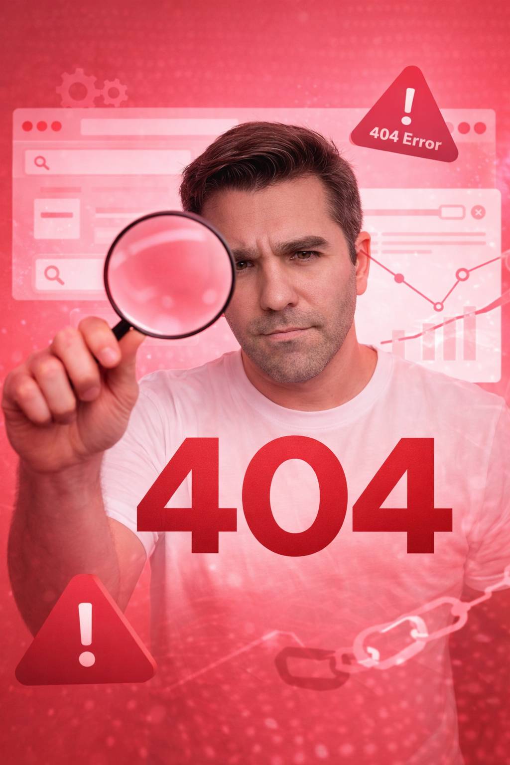 Rubén Merino Consultor SEO y Consultor SEO con una lupa para una imagen de código de estado 404